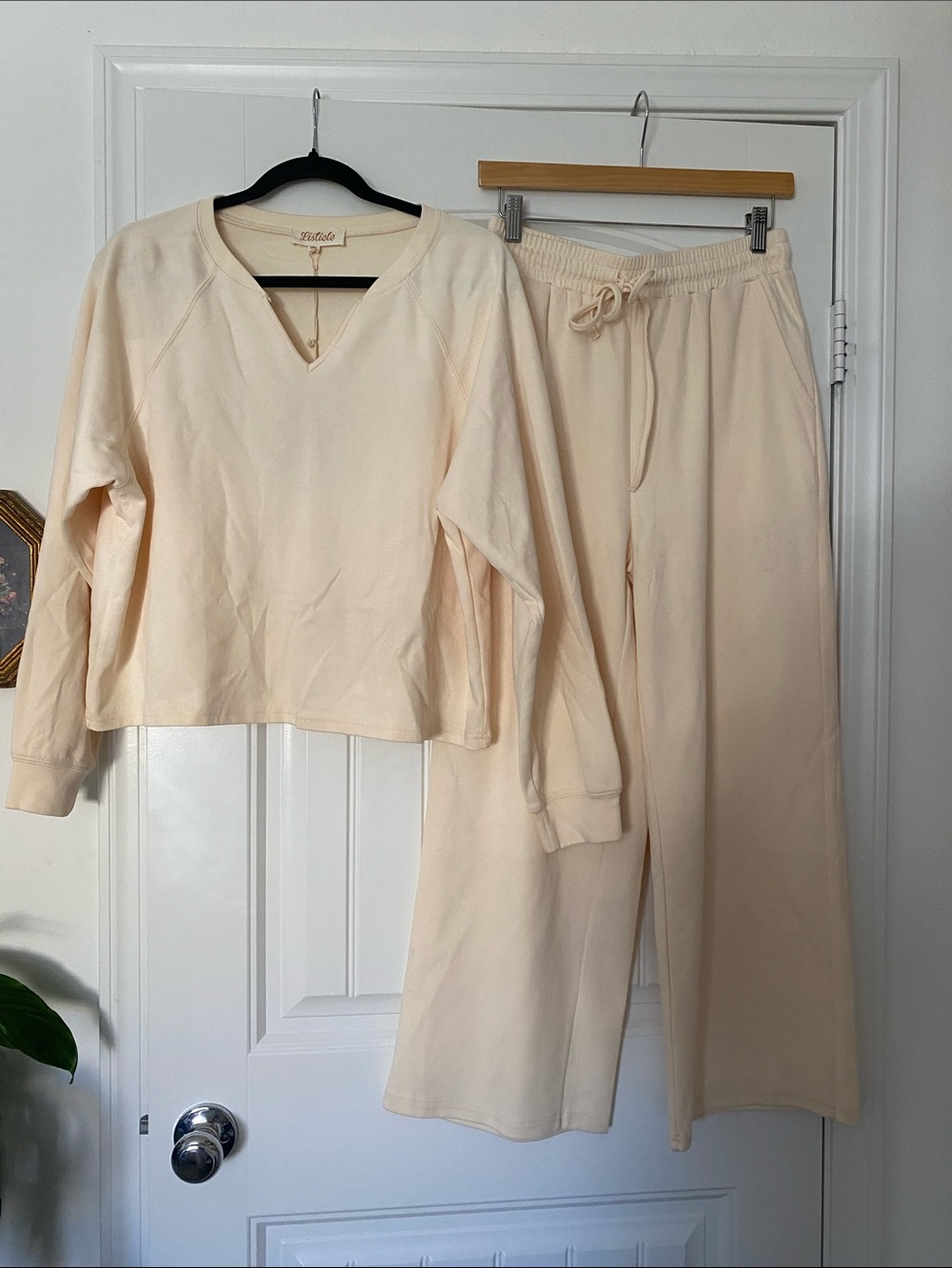 Listicle Cream V-Neck Sweatshirt and Wide Leg Lounge Pants